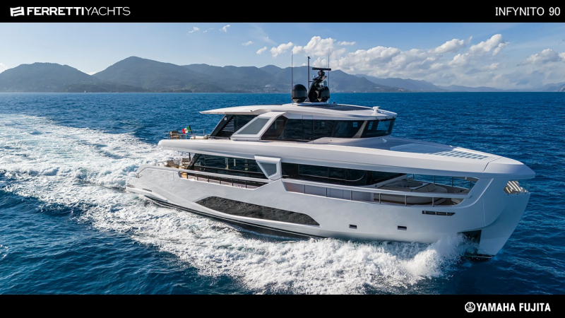 フェレッティ INFYNITO 90 Ferretti Yachts初のクローズドデッキモデル（内装：contemporary）　新艇予約受付中!!
